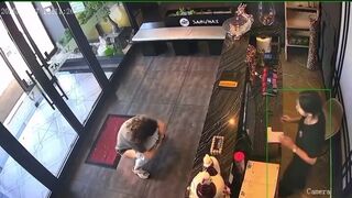 Woman CCTV poop in lobby of Asian restaurant