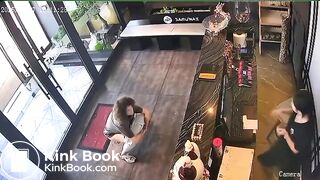 Woman CCTV poop in lobby of Asian restaurant