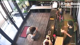 Woman CCTV poop in lobby of Asian restaurant