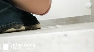 Girl in jeans is constipated and poops