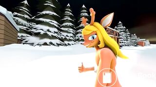 Noelle droping logs in the snow