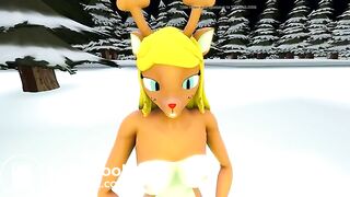 Noelle droping logs in the snow