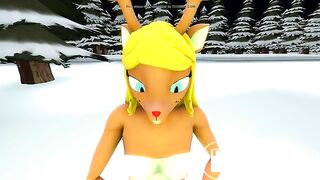 Noelle droping logs in the snow