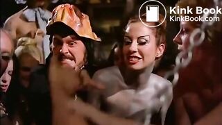 Enchained man receive piss and poop from women