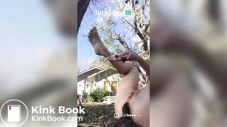 Cute blonde chick make big shit in garden