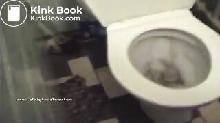 Squatting teen pooping on a toilet..