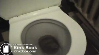 Squatting teen pooping on a toilet..