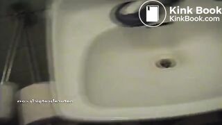 Squatting teen pooping on a toilet..