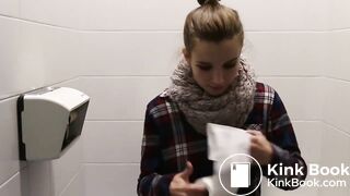 Women has diarrhea in public bathroom and gets embarras