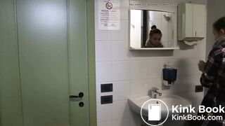 Women has diarrhea in public bathroom and gets embarras