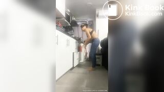 latina shits her jeans in kitchen